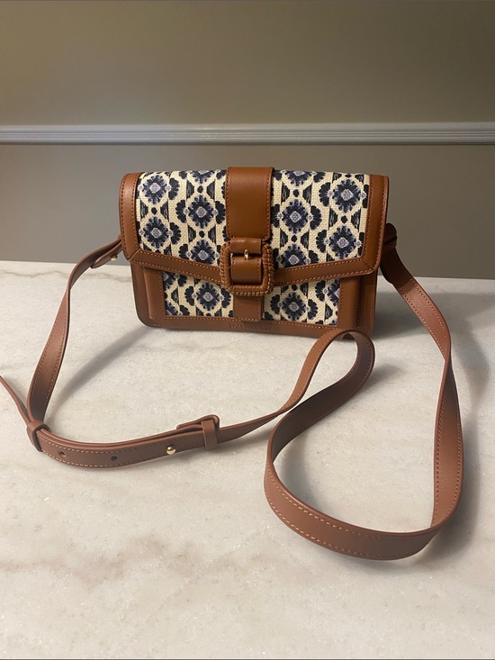 Spartina 449 Handbags - Spartina 449 Brown Leather-Trim Crossbody Bag with Blue raffia Pattern